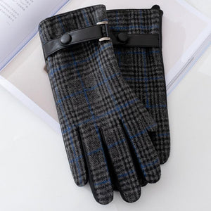 Men's Plaid Plush Warm Touch Screen PU Leather Gloves