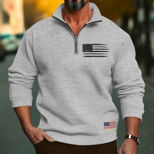 SUDADERA CASUAL CON CUELLO DEPORTIVO Y CREMALLERA SUELTA PARA HOMBRE CON BANDERA DE EE. UU.