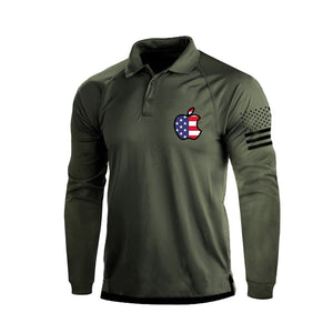 POLO DE MANGA LARGA RAGLÁN CON BOTÓN 1/4 Y ESTAMPADO DE MANZANA Y BANDERA DE EE. UU.