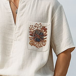 Camiseta informal de algodón y lino con cuello en V y manga corta bordada para hombre, primavera y verano
