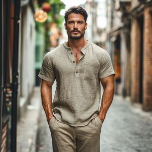 Camisa informal de lino con cuello henley y bolsillo de parche para hombre, holgada, de manga corta