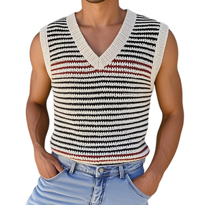 Camiseta sin mangas de punto a rayas con cuello en V y contraste de color para hombre