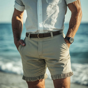 Pantalones cortos de verano retro con borlas y parches en verde claro para hombre