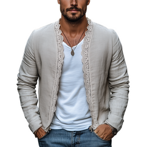Cárdigan de algodón y lino con costuras de encaje, estilo étnico, informal, retro, para hombre, primavera