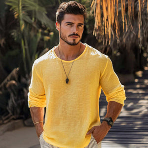Camiseta informal de algodón y lino para hombre, cuello redondo, manga larga y holgada