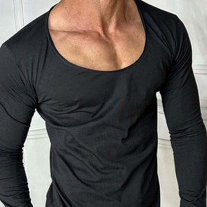 Camiseta informal de algodón mezclado con cuello redondo y manga larga para hombre