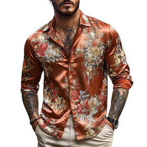 Men's Spring And Summer Fashionable Retro Printed Satin Long Sleeve Shirt