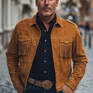 Chaqueta de ante con borlas vintage marrón para hombre, primavera y otoño