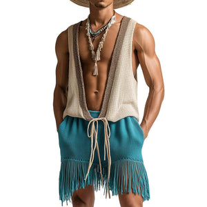 Men's Spring Fashion Towel Cloth Lace Up Sleeveless Shorts Set