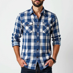 Camisa informal de algodón a cuadros con solapa y bolsillo en el pecho para hombre, corte entallado, manga larga