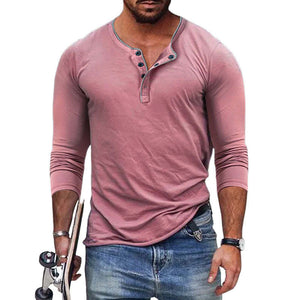 Camiseta informal de manga larga ajustada con cuello Henley de mezcla de algodón para hombre