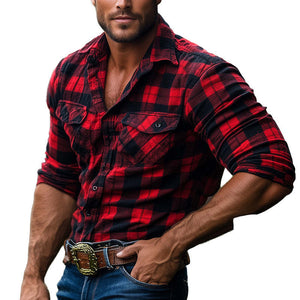 Camisa de manga larga a cuadros rojos retro para hombre