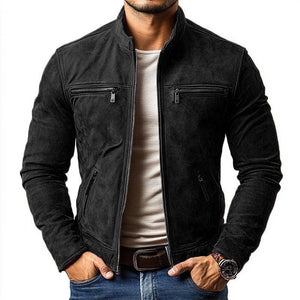 Chaqueta clásica informal de ante con cuello alto, cremallera y múltiples bolsillos para hombre