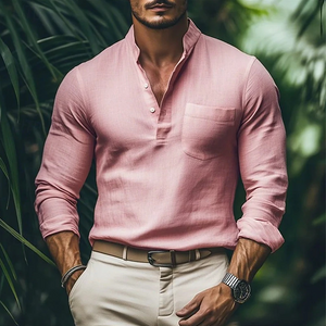 Camisa informal de algodón y lino de manga larga con cuello alto para hombre, moda de primavera