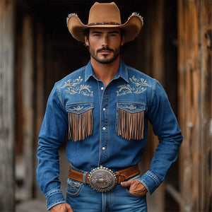 Men's Vintage Dark Blue Embroidered Tassel Western Denim Shirt