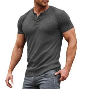 Camiseta informal de manga corta con cuello Henley, de mezcla de algodón liso y corte ajustado para hombre