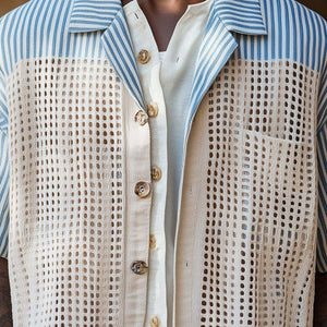 Camisa de manga corta con costura hueca tejida para hombre