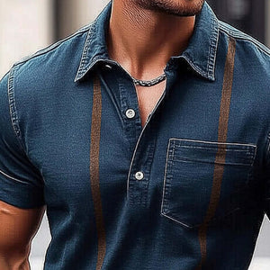 Camiseta vaquera retro de verano azul oscuro con cuello polo para hombre