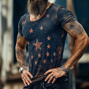 Camiseta de manga corta con cuello redondo y estampado retro informal de universo estelar para hombre