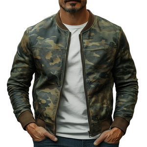 Chaqueta de béisbol de cuero con camuflaje informal para hombre