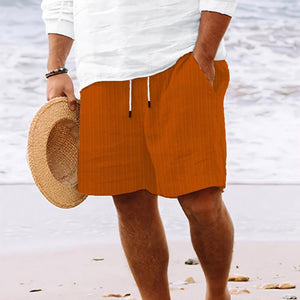 Pantalones cortos de playa a rayas de algodón y lino con cordón para hombre