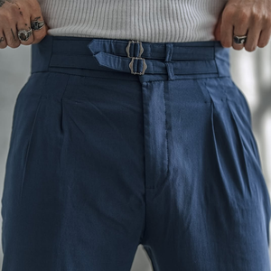 Pantalones de traje napolitanos británicos de cintura alta para hombre