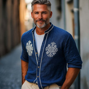 Camisa informal de manga larga para hombre, de algodón y lino azul marino, con bordado vintage