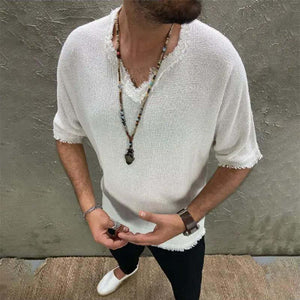 Camiseta holgada de algodón y lino con cuello en V y manga corta para hombre