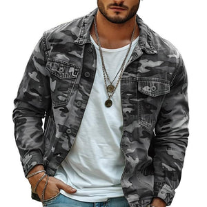 Chaqueta de solapa retro de lona de camuflaje para hombre