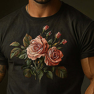 Camiseta vintage de manga corta con bordado de rosas desgastadas para hombre