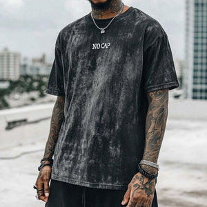 Camiseta retro informal de manga corta con cuello redondo y estampado sin gorra para hombre