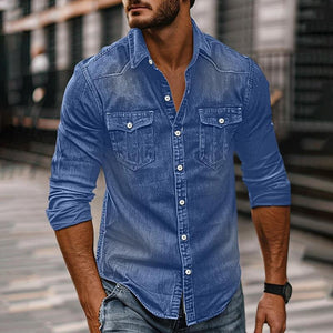 Camisa vaquera desgastada y lavada vintage con solapa para hombre