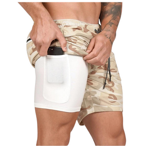 Pantalones cortos para correr de secado rápido con bolsillo y diseño de camuflaje de nieve, 2 en 1, de 7 pulgadas de entrepierna