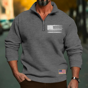 SUDADERA CASUAL CON CUELLO DEPORTIVO Y CREMALLERA SUELTA PARA HOMBRE CON BANDERA DE EE. UU.