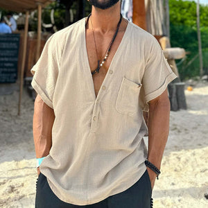 Camisa de manga corta con cuello en V de algodón y lino para hombre
