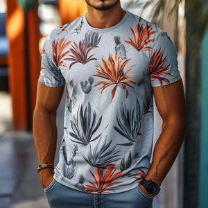 Camiseta de manga corta con cuello redondo informal con estampado retro de ave del paraíso tropical para hombre