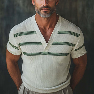 Camiseta de punto de manga corta con cuello en V retro para hombre