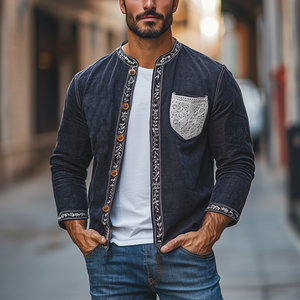 Camisa de manga larga de algodón y lino con empalme de encaje retro de moda de primavera para hombre