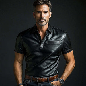 Camiseta de manga corta de cuero negro liso para hombre