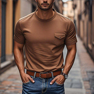 Camiseta informal de algodón de manga corta con cuello redondo y bolsillo en el pecho para hombre