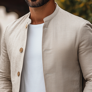 Chaqueta clásica de algodón y lino con cuello alto, estilo retro e informal, para hombre, primavera