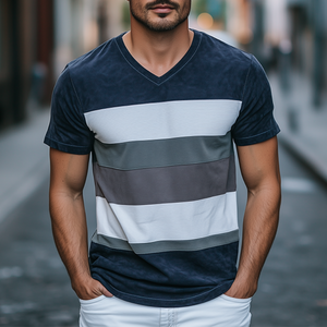 Camiseta de manga corta con cuello en V y empalme de gamuza para hombre, estilo primaveral