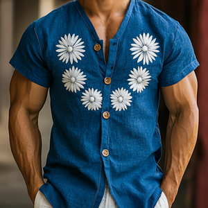 Camisa informal de algodón y lino para hombre, de manga corta, ajustada, con cuello en V y botonadura sencilla