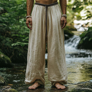 Pantalones casuales rectos y holgados de algodón y lino con cinturón vintage para hombre