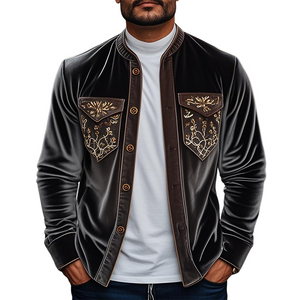 Camisa de manga larga de terciopelo bordada retro de moda de primavera para hombre