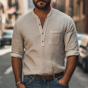 Camisa de manga larga con escote en V profundo y costuras de encaje étnico retro para hombre, nueva primavera