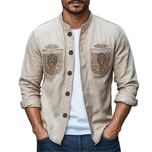 Camisa de manga larga de gamuza con bordado de bolsillo estilo retro occidental de moda de primavera para hombre