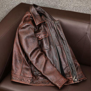 Chaqueta de cuero vintage con solapa y doble bolsillo en el pecho para hombre
