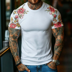 Camiseta de manga corta con cuello redondo y estampado floral retro informal para hombre
