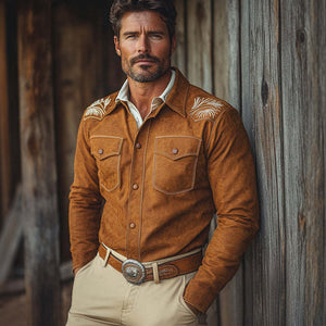 Camisa de manga larga entallada con bordado de ante vintage para hombre